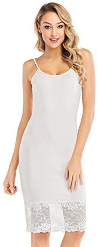 New front Femme Fond de Robe Coton à Bretelles Réglables Chemise de Nuit Dos Nus Col Rond sans Manches Gainante et Elastique Jupon sous Robe en Dentelle Sexy et Confortable,Blanc,M