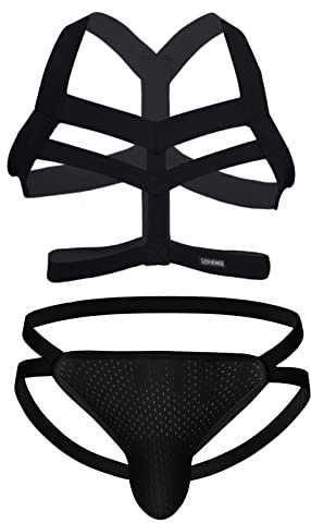 SDGTMYJSY Men'S Bikini Panties Sexy Men Sexy Elastic Body Chest Harness Jockstrap Lingerie Set Shoulder Chest Belt With G String Black, Medium