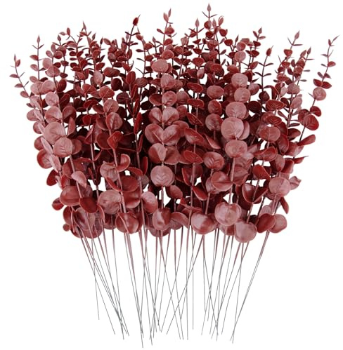 FEQO 36 steli di eucalipto rosso, foglie e rami artificiali da 38 cm per vaso, bouquet da sposa, decorazione per la casa