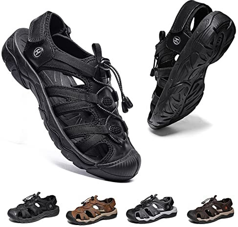 Herren Wandern Sandalen Sport Outdoor Leder Trekkingsandalen Geschlossene Zehe Wanderschuhe Verstellbaren Outdoorschuhe Strand Freizeitschuhe Wasser Sommer Männer Fischer Schwarz EU44