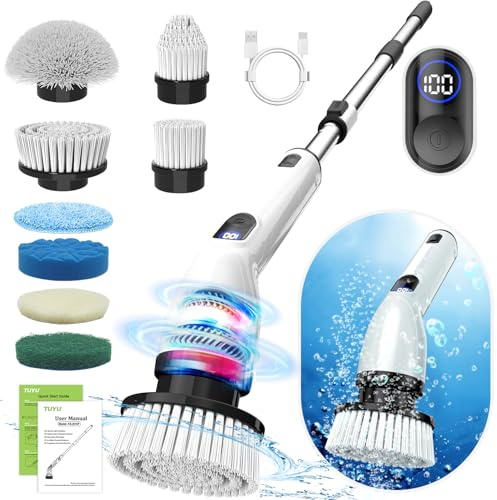 TUYU Electric Spin Scrubber, Full-Body IPX7 Waterproof Bathroom Scrubber with Power LCD Display, 8 Replacement Head, Adjustable Extension Handle, Cordless Shower Cleaner Brush for Bathtub Cleaning