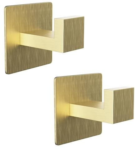 YUET Gold Towel Hooks for Clothes Closet Sponges Robe Hook Self Adhesive (No Drilling), Coat Hook for Bathroom Kitchen Hotel Garage 304 Stainless Steel Door Hanger Wall Mounted 2 Pack (Brushed Brass)