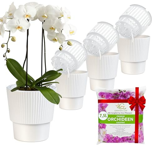 Set di 4 vasi autoirriganti per orchidee Garten lux - Bianco, Ø13 cm, vaso per orchidee 1,7 L (vaso interno 1,35 L con fori di drenaggio e stoppino) + 7,5 L di substrato per orchidee per tutti i tipi