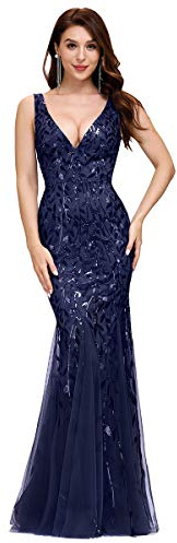 Ever-Pretty Vestido de Noche para Mujer Cuello en V Lentejuelas Invitadas de Boda Largo Sin Mangas Cintura Imperio Formal Fiesta Azul Marino 36