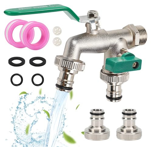 Double Robinet de Jardin, robinet exterieur en laiton, robinet avec double sortie 3/4 et Entrée 1/2, Résistant à la Rouille et au Gel, Idéal pour Jardins, Citernes de Pluie, Machines à Laver - Vert