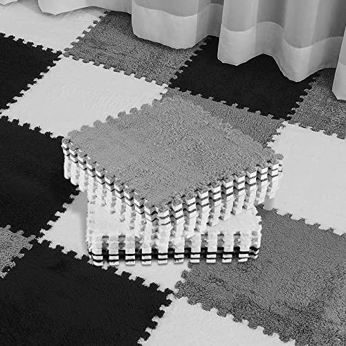 Amylove 72 Pieces Plush Foam Floor Mat Square Interlocking Carpet Tiles with Border 12 x 12 x 0.4 in Fluffy Play Mat Floor Tiles Soft Climbing Area Rugs for Home Playroom(White, Gray, Black)