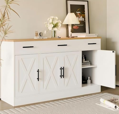 SUNLEI Buffet Cabinet with Storage, Farmhouse Storage Cabinet with 4 Doors and 3 Drawers, Coffee Bar Station Wood Buffet Table with Adjustable Shelf for Living Room, White
