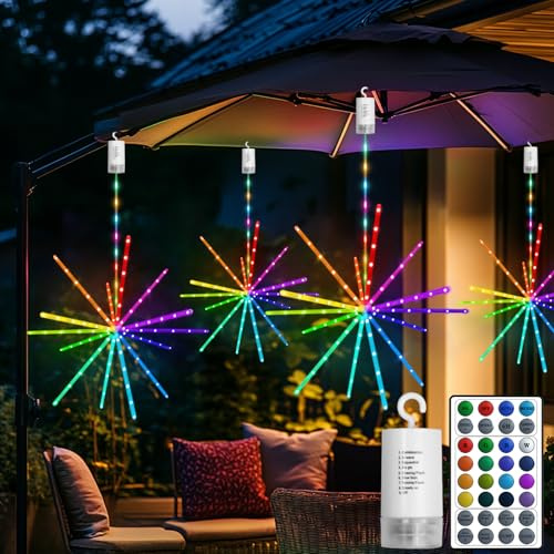 RJEDL Luces de meteoritos de fuegos artificiales con pilas, 1 paquete de luces RGB Starburst con 8 modos de control remoto, temporizador recargable, candelabro colgante al aire libre para jardín