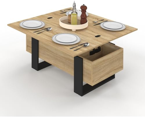 IDMarket - Mesita rectangular que se transforma en una mesa de comedor de diseño industrial PHOENIX