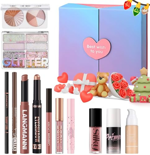 Set de regalo navideño de 12 piezas, kit completo de cosméticos con sombra de ojos, base de maquillaje, pintalabios, colorete y delineador de ojos, set de regalo sorpresa para el Día de la Madre