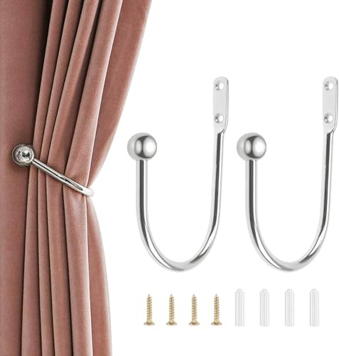 2 Pièces Embrasses Rideau Crochet, Attache Retenue Rideaux Muraux Métal en Forme de U, Crochets à Visser pour Rideaux Fenêtre ou Douche, Support Rideau Mural Décoratif Antirouille avec Vis Argent