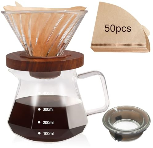 DITOSH Pour Over Coffee Maker Set 400ml 13.5oz Portable with 50 Pcs Filter Paper Glass Coffee Maker High Borosilicate Glass Eagle Beak Spout Design Walnut Wood Base for Pour Over for Daily Brewing