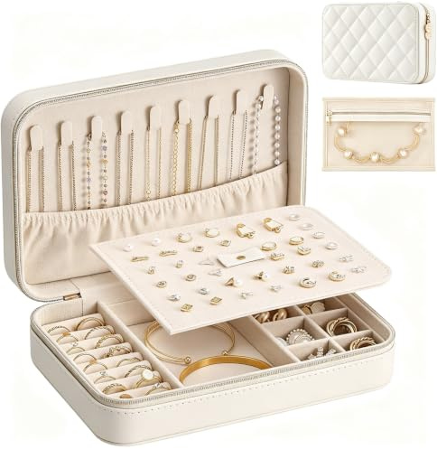 Lolalet Travel Jewelry Case for Women Girls, PU Leather Jewelry Organizer with Clear Storage Bag Small Portable Jewelry Box for Necklace Bracelet Earring Ring Mothers Day Birthday Gifts -Large/Beige