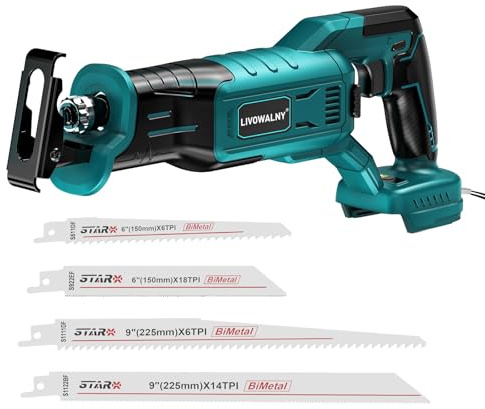 LIVOWALNY Sierra Sable Compatible con Ma-kita 18V, 3200 SPM Motor Sin Escobillas, 3 Velocidades Variables, Sierra de Sable con 4 Hojas de Sierra, Para Cortar Madera y metal-Azul (SOLO HERRAMIENTA)