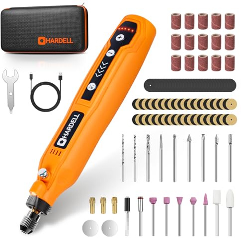 HARDELL Mini strumento rotante a batteria con LED, 5 velocità (5000-18000 giri/min), 3,7 V, set di attrezzi multifunzione con 69 accessori, set di incisione per resina, legno, vetro, fai da te