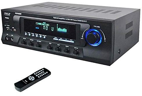 Pyle Home Stereo Amplifier with Bluetooth - 300 Watt Max 4 Channel Stereo Receiver with Easy Karaoke - Dual Mic In with EQ and Echo, USB-A and SD Card In, RCA In, RCA Out, LED Display - PT272AUBT