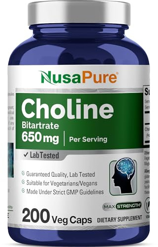 NusaPure Choline Bitartrate - Suitable for Vegetarian/Vegan, Non - GMO - 650 mg 200 Capsules