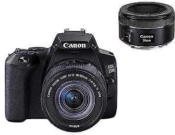 Canon EOS 250D Digitalkamera - mit Objektiven EF-S 18-55mm F4-5.6 IS STM + EF 50mm F1.8 STM (24,1 MP, 7, 7 cm (3 Zoll) Vari-Angle Display, APS-C-Sensor, 4K, Full-HD, DIGIC 8, WLAN, Bluetooth), schwarz