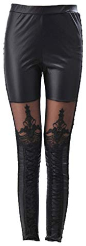 PRETYZOOM Pantalon Gothique Punk Cuir Leggings à Pointes Échancrées Taille Haute pour Femme (Noir)