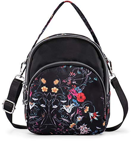 LaRechor Kleine Umhängetasche Handtasche Schultertasche für Damen Tote Tasche Mini Rucksack Nylon Frauentasche (Blumen mit Griff 1)