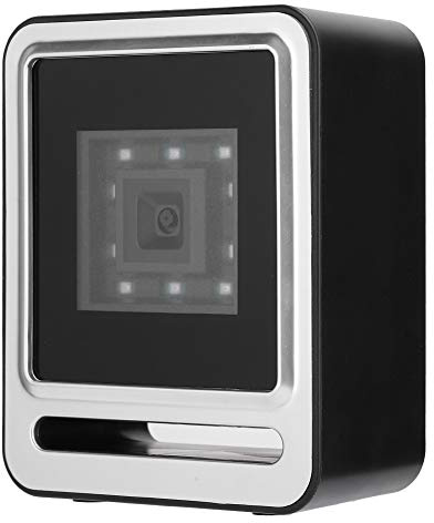 Escáner de código de barras fijo, 1D QR 2D Escáner de código de barras de escritorio manos libres Lector de código de barras omnidireccional con cable USB Luz LED para biblioteca, tienda (Plata)