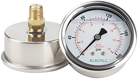 ELECALL 200psi Silicone Oil Filled Pressure Gauge for Water Oil Air Pressure Test in Pool Pump Sand Filter Air Compressor Water System, 2-1/2 Stainless Steel Case, Back Mount 1/4 NPT