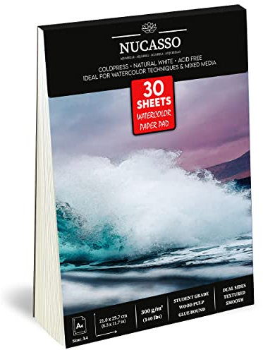 NUCASSO Watercolour Paper Pad A4 x 30 Sheets – Natural White 300 GSM Student Grade, Cold-Pressed, Glue Bound Water Colour Sketchbook for Wet, Dry & Mixed Media