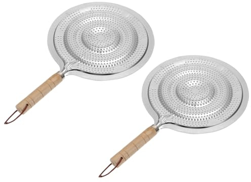 2 Pcs Stainless Steel Heat Diffuser for Gas and Electric Stove - Simmer Ring & Flame Reducer for Even Heat Distribution - Flame Guard Food Warmer Simmer Plate, Slow Cooking, Wooden Handle