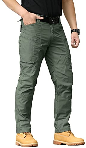 CARWORNIC Pantalones tácticos de senderismo para hombre, ligeros, resistentes a desgarros, de combate, de trabajo, cargo, con múltiples bolsillos, Ejercito Verde, 34W / 32L