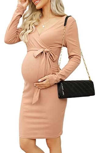 KOJOOIN Vestido Lactancia para Mujer Vestido Ajustado de Manga Larga Falda Premamá Cuello en V Vestido de Fiesta hasta la Rodilla con Cinturón (Embalaje MÚLTIPLE), A-Beige, XL