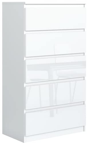 meble masztalerz Commode Chambre 70 cm avec 5 Tiroirs- Meuble de Rangement pour Salon et Entrée Couloir - Spacieuse et Design - Blanc - Façades Brillantes - 70x124,5x39 cm