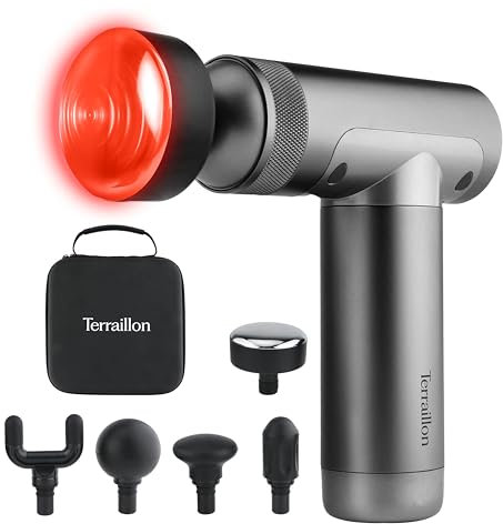 TERRAILLON - MUSCLE MASSAGER Muskelmassagepistole, 3 Geschwindigkeiten 1800-3200 RPM, Entlastet und entspannt die Muskeln, 5 Silikonaufsätze, davon 1 2-stufig beheizbar, USB-C, inkl. Etui