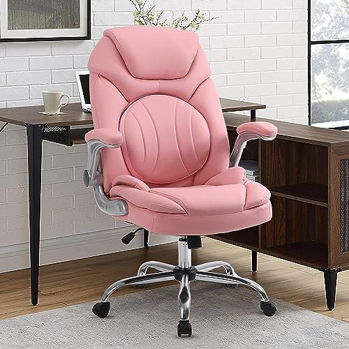 KCREAM Moderne Bürostühle mit Lendenwirbelstütze, 90-120° Schaukelstuhl Ergonomische PU-Leder Bürostühle mit Rädern, hochklappbaren Armlehnen und Rückenlehne (rosa)