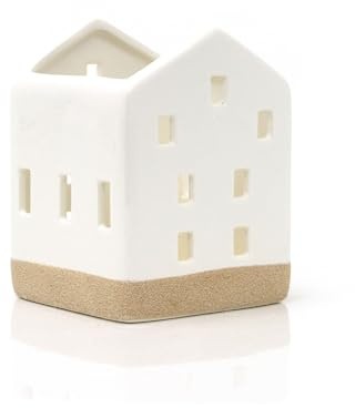 Ceramic House Shaped with Natural Base Tealight Candle Holder | Christmas Tea Light Candle Pot Decoration | Xmas Tealight Votive Holder