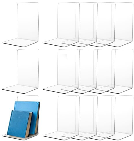 APACALI 16 Stück Buchstütze Acryl, 12X11.8X18.2CM Buchstützen für Regale, Transparente Buchständer, strapazierfähige Buchstützen zum Halten von Büchern, Bücherhalter für schwere Bücher, Zuhause, Büro
