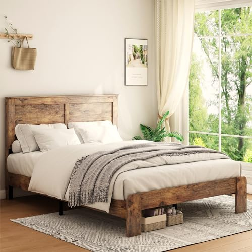 DWOYFO Wood Platform Bed Frame, Full Bed Frame with Headboard and Wood Slat Support, Easy Assembly, No Box Spring Needed, Noise-Free, Dark Brown