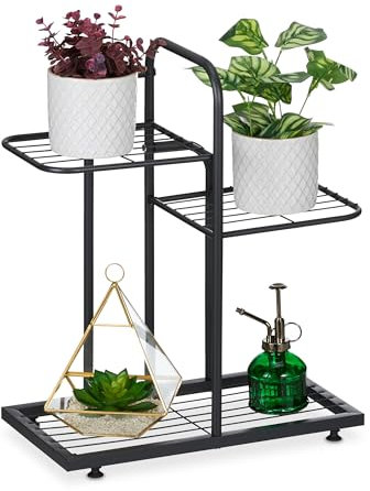 Relaxdays Scaffale Portapiante, 3 Ripiani in Metallo 50,5x44x22 cm, Portafiori e Portavasi, Fioriera, Acciaio, Nero, 50.5 x 44 x 22 cm