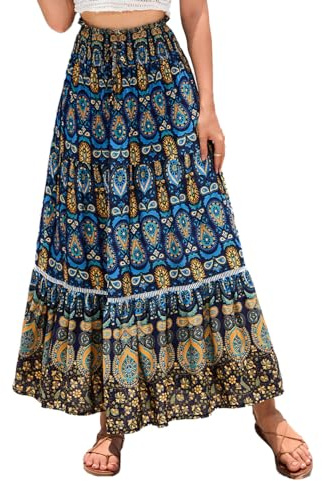EMOTTOS Maxi Gonna Lunga Donna Boho Gonne Lunghe Vita Alta Estive con Cinturino Decorativo, Bohemien Elastica Gonna Floreale Plissettata Swing Gonna A-Linea Casual Elegante, Blu XL