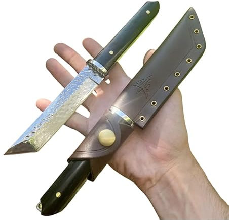 Obespina Couteau Artisanal Lame fixe Acier Martelé Damas Tanto Style Japonais Camping Edc Chasse Collection Cadeau Homme camping forge artisanat decoupe tranchant étui cuir bushcraft full tang