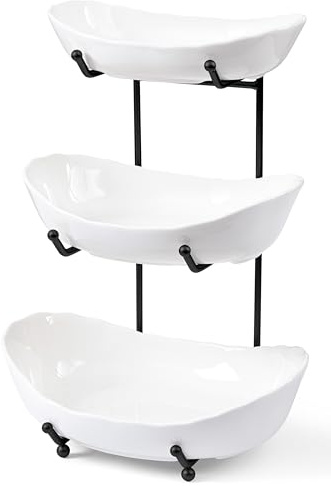 HBlife Fruit Bowl for Kitchen Counter - 3 Tier Ceramic Fruit Rack, Fruit Basket for Fresh Fruit&Veggies, Tiered Fruit Platter Serving Trays for Party
