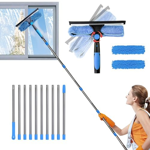 Equipo de limpieza de ventanas de 4,25 m, kit de limpieza de ventanas con mango largo, herramientas de limpieza de vidrio 2 en 1, 10 postes de extensión + escobilla de silicona + arandela de ventana
