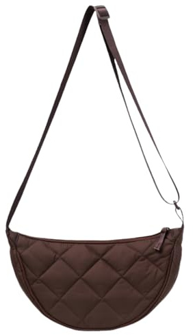 HSTWODE Halbmond Crossbody Bag,Damen Umhängetasche,Nylon Gesteppte Tasche,Damen moon bag Schultertasche mit Verstellbarem Schultergurt für Arbeit, Reisen, Alltag (Braun, Klein)