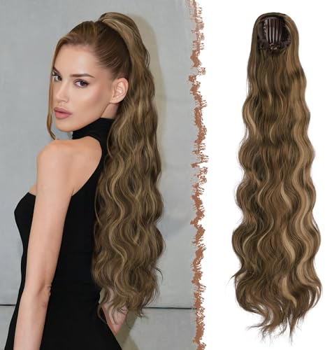 FESHFEN 75 cm Coda Cavallo Extension con Coulisse,Lunga Ricci Ondulati Coda Capelli Extension Sintetici Pettini Clip in Capelli Posticci,Coda di Cavallo Naturale per Donna - Castano Misto Biondo Miele