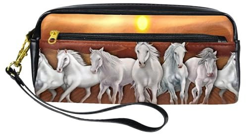 Trousse à crayons, peinture à l'huile, motif chevaux galop sur coucher de soleil, pochette en cuir synthétique avec fermeture éclair pour garçons et filles, fournitures scolaires et de bureau