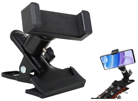Supporto per Telefono per Chitarra Regolabile - Supporto Spartiti per Musicisti con Attacco a Sfera 360° - per Video Live, Lezioni e Pratica con Chitarra, Basso, Ukulele (Nero)
