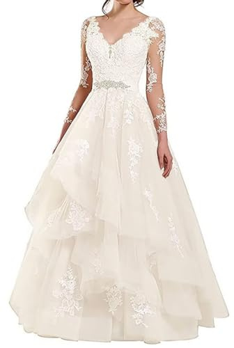 HAIBFJIN Abito da sposa da donna con pizzo, lungo, bohémien, spiaggia, con fessura, elegante linea ad A, abito da sposa, Avorio-g, 62 IT