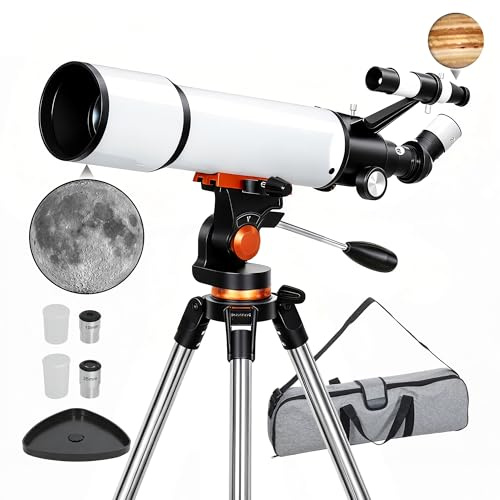 Outsunny Astronomy Telescope for Adults and Beginners, 80 mm Aperture 500 mm Portable Refractor Telescope with 40X/16X Magnification, Adjustable Tripod, Alt-Azimuth Mount, Carry Bag for Travel, White