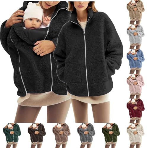 Womens 2 in 1 Maternity Coat Fleece Jackets with Baby Wearing, Winter Zip Up Themal Outwear Thicken Overcoat Coffee