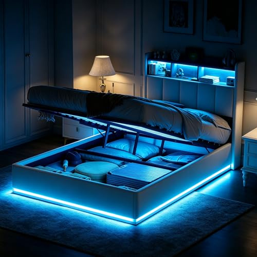 Polstrad säng 90x200 cm, LED-enkelsäng med huvudgavel med förvaringsfack och USB-anslutningar, ungdomssäng 90x200 med hydrauliskt förvaringsutrymme, gästsäng, funktionssäng, förvaringssäng, sängram