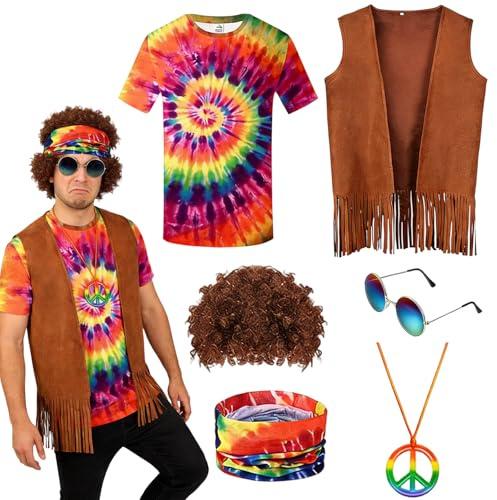 XILEPINGAN Vestiti Hippie Uomo,Vestito Carnevale Hippie per Uomo Stile Anni 60/70/80,con Camicia Tie-Dye,Gilet,Parrucca,Fascia,Occhiali e Collana Peace,per Discoteca Halloween Carnevale Cosplay (L)